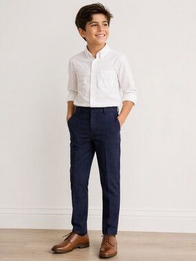 ZARA Boys Dress Pants Size 10 Navy Blue Plaid Slim Fit Formal Wedding Holiday